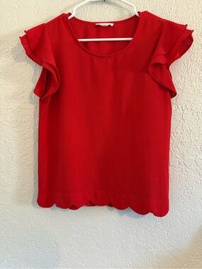 mine Red Ruffle Sleeve Scalloped Hem Blouse
